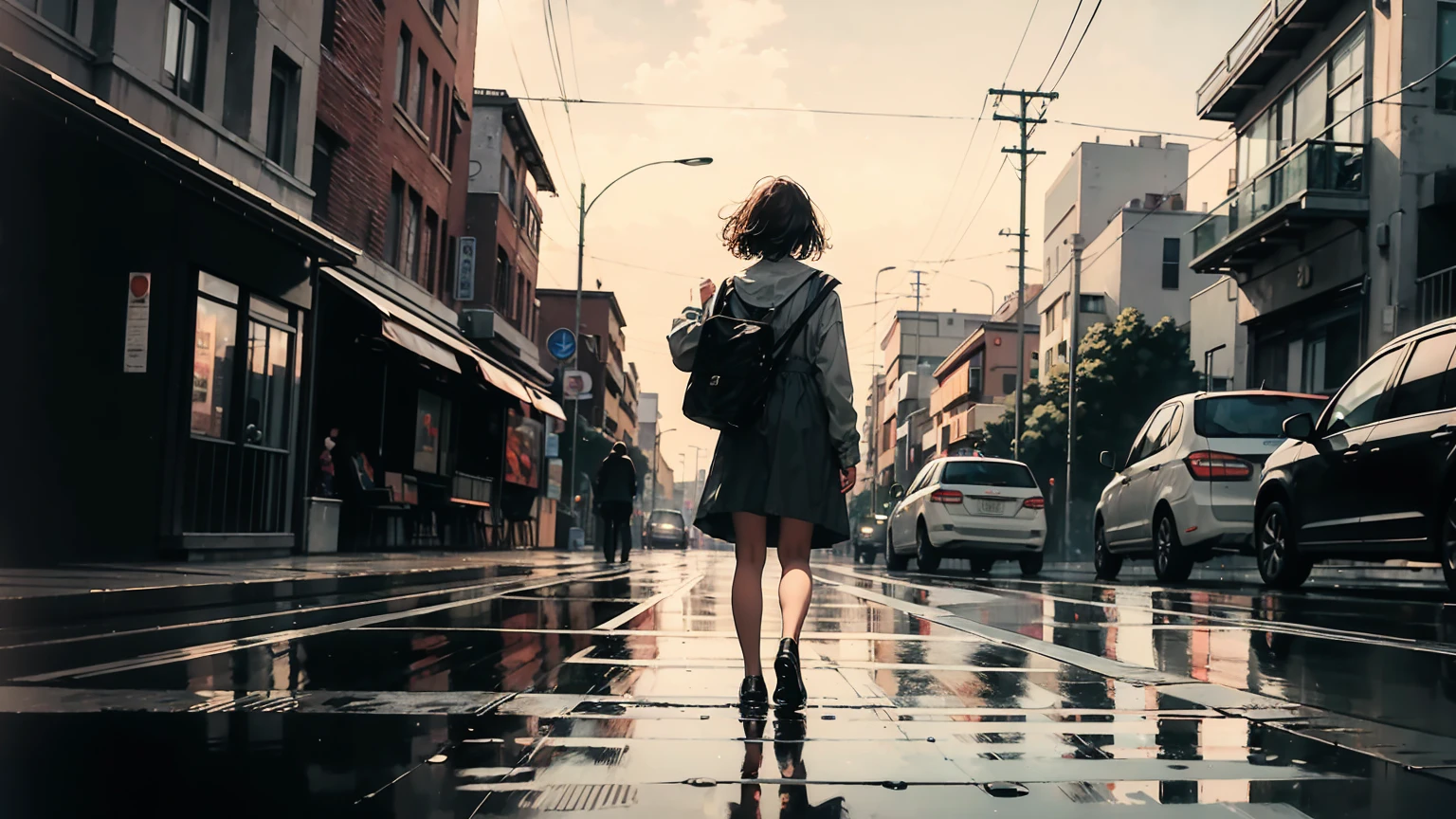 masterpiece, top quality, very detailed, absolute resolution, high resolution, Best quality, 8k, The image depicts a digital artwork in which a girl standing in the foreground with her back to the viewer is looking at an approaching city bus from the opposite side. The scene appears to be set at night, with streetlights reflected on the wet pavement, suggesting the recent downpour. The artwork has atmospheric and atmospheric quality, with detailed reflections and lighting that give a sense of depth and realism.
