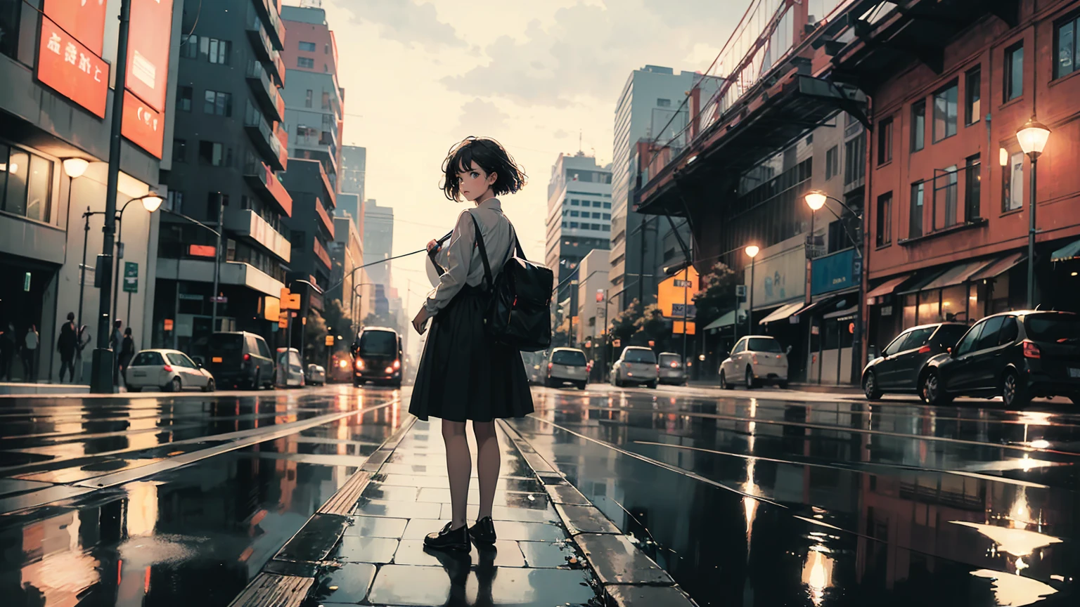 masterpiece, top quality, very detailed, absolute resolution, high resolution, Best quality, 8k, The image depicts a digital artwork in which a girl standing in the foreground with her back to the viewer is looking at an approaching city bus from the opposite side. The scene appears to be set at night, with streetlights reflected on the wet pavement, suggesting the recent downpour. The artwork has atmospheric and atmospheric quality, with detailed reflections and lighting that give a sense of depth and realism.