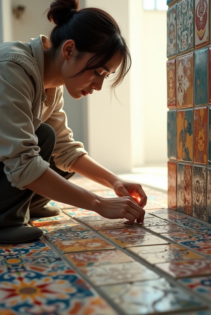 Person laying tiles on wall forming design
