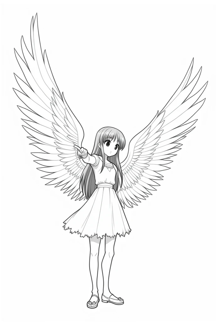 black and white anime line drawing of an angel girl with very large wings pointing to the left while the girl looks to the right