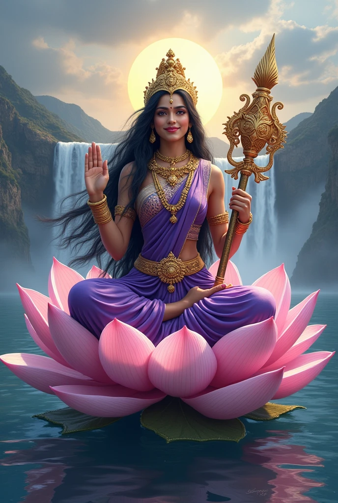 "Create an ultra-realistic image of the beautiful Goddess Siddhidatri Devi, depicted in a stunning purple saree that symbolizes her divine powers and spiritual wisdom. The saree should be richly detailed with intricate gold patterns, highlighting her celestial status. Her long, flowing black hair should be beautifully styled, cascading gracefully over her shoulders, adding to her divine beauty. Her complexion should radiate a soft, ethereal glow, with a serene and compassionate expression on her face, embodying both grace and strength.
Goddess Siddhidatri should be seated on an extremely large and majestic lotus that is intricately designed, floating gracefully on a vast, serene ocean. The lotus should be depicted with vibrant, detailed petals that enhance its divine nature.
She should have two hands: her right hand is in a blessing posture, offering protection and boons to her devotees, while her left hand holds a giant, beautifully detailed mace, symbolizing her power and ability to grant siddhis (spiritual powers).
The background should feature a breathtaking landscape with a cascading waterfall, majestic mountains, and the vast ocean, creating a serene and awe-inspiring atmosphere. The overall image should capture the essence of Goddess Siddhidatri’s beauty, power, and divine grace, presented in a highly realistic and detailed manner, with her purple saree, majestic lotus, and the powerful natural surroundings emphasizing her supreme authority and benevolence."
