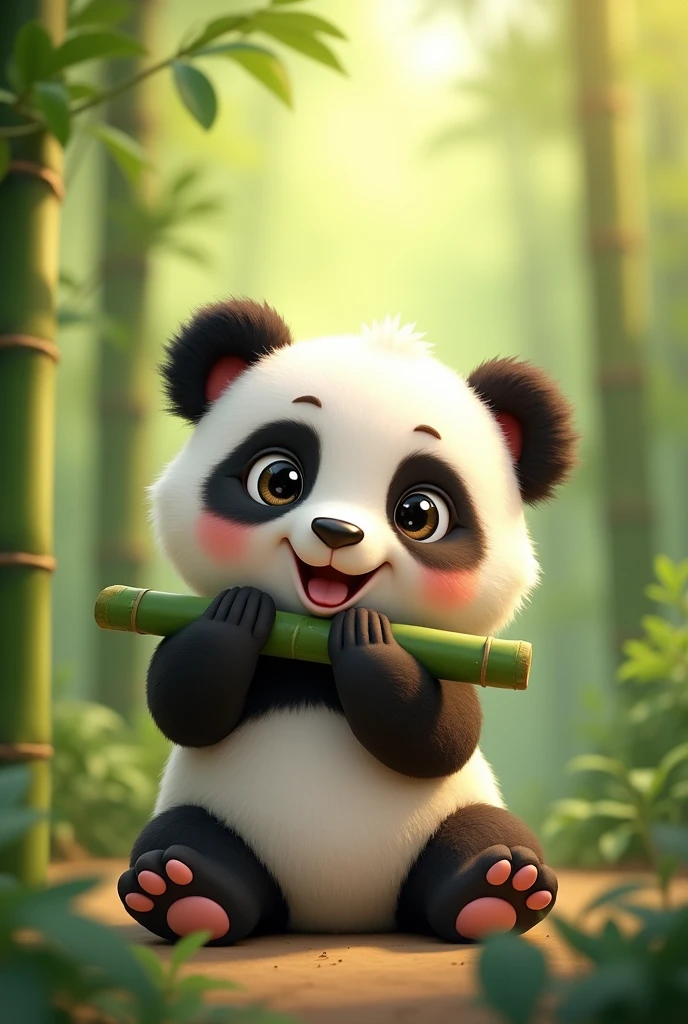 I need you to design me an animated image of a cute baby panda sitting down, happy biting a bamboo branch (This must be an eco-friendly speaker) Frontal shot where you can see that he is biting the bamboo