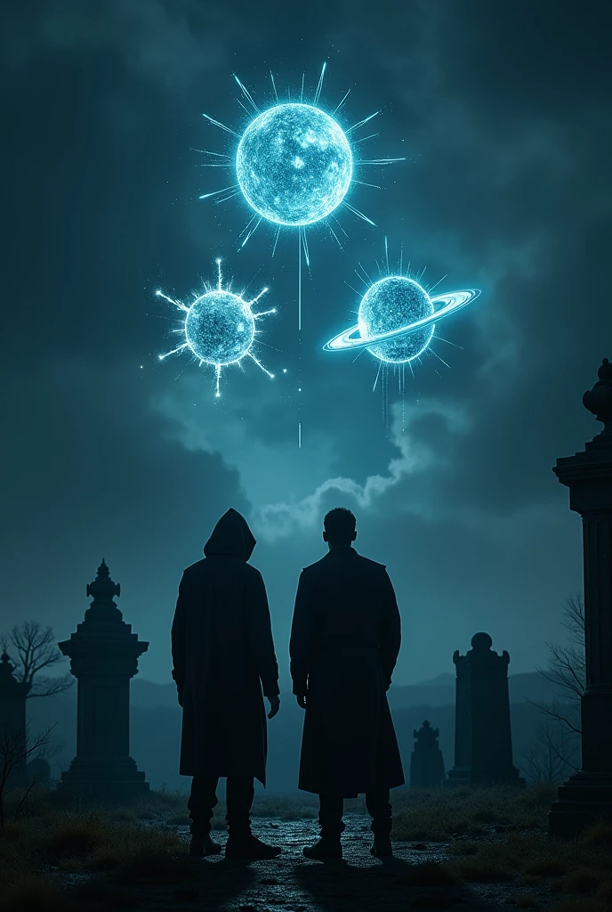 Two men one with a hood, watching from a cemetery at three holograms seen in the night sky, A hologram is shaped like an atom with its circular orbits, another hologram of a sphere with thorns coming out and the third of a planet with orbits


