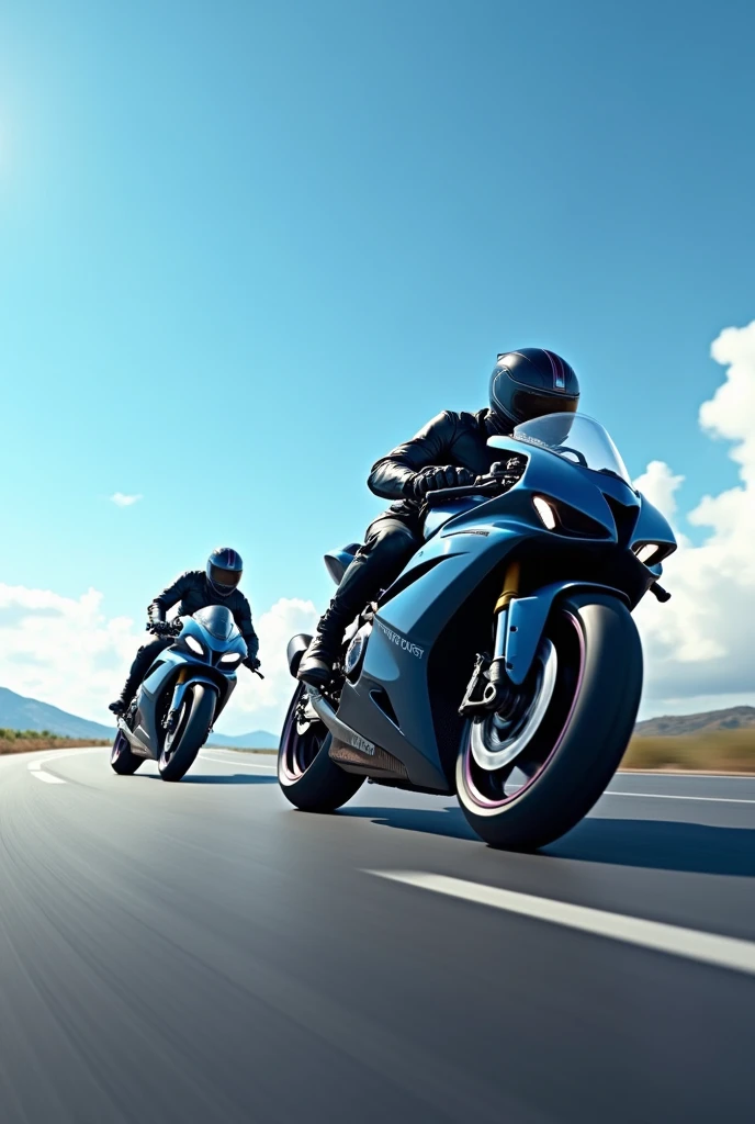 Men riding a super bike with blue sky and clear road