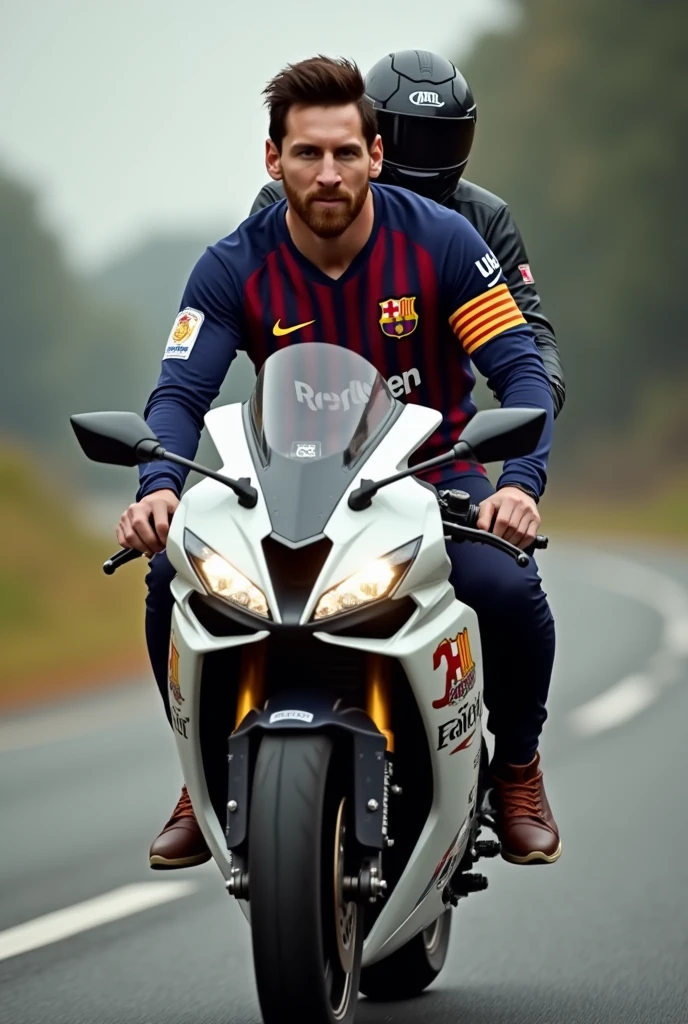 Messi is driving a motorcycle with another messi 