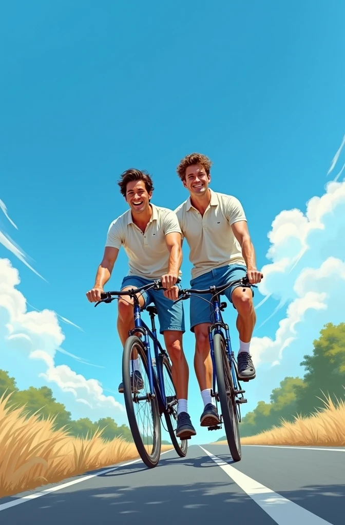 Men riding a bike with blue sky and clear road 