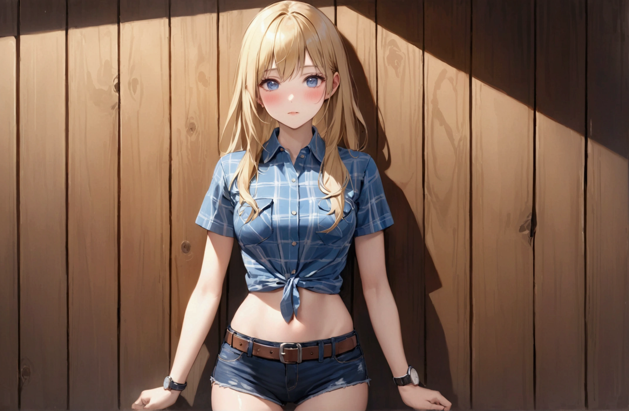 Woman with long blonde hair, blue eyes, Athletic build, Red plaid tight-fitting short-sleeved collared cowgirl shirt, Watch on wrist, Navel exposed, Denim hot pants, Brown belt with oval buckle, Please stand up straight,blush, Fascinating face,In front of a wooden wall,can of beer,Front view,Cowboy Shot,16K, Highest quality, masterpiece, Realistic, detailed
