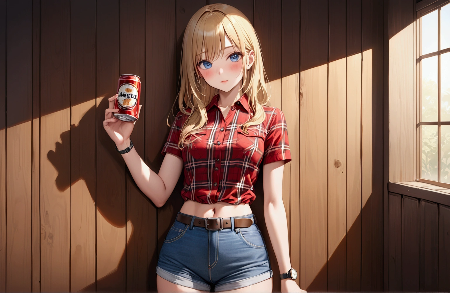 Woman with long blonde hair, blue eyes, Athletic build, Red plaid tight-fitting short-sleeved collared cowgirl shirt, Watch on wrist, Navel exposed, Denim hot pants, Brown belt with oval buckle, Please stand up straight,blush, Fascinating face,In front of a wooden wall,can of beer,Front view,Cowboy Shot,16K, Highest quality, masterpiece, Realistic, detailed