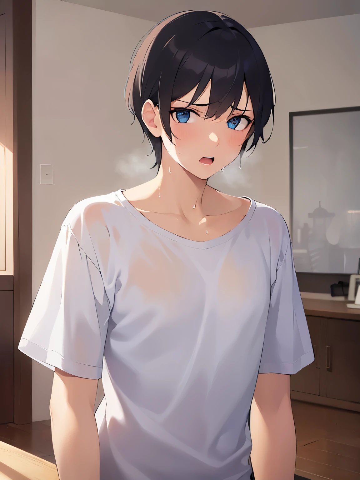 upper body、shiny skin, masterpiece、Highest quality、(2 male:1.5) and (Black short hair) and (blue eyes), (White T-shirt)、Are standing、(surprised:1.3)、(sweat:1.5), The background is the living room、alone、Are standing