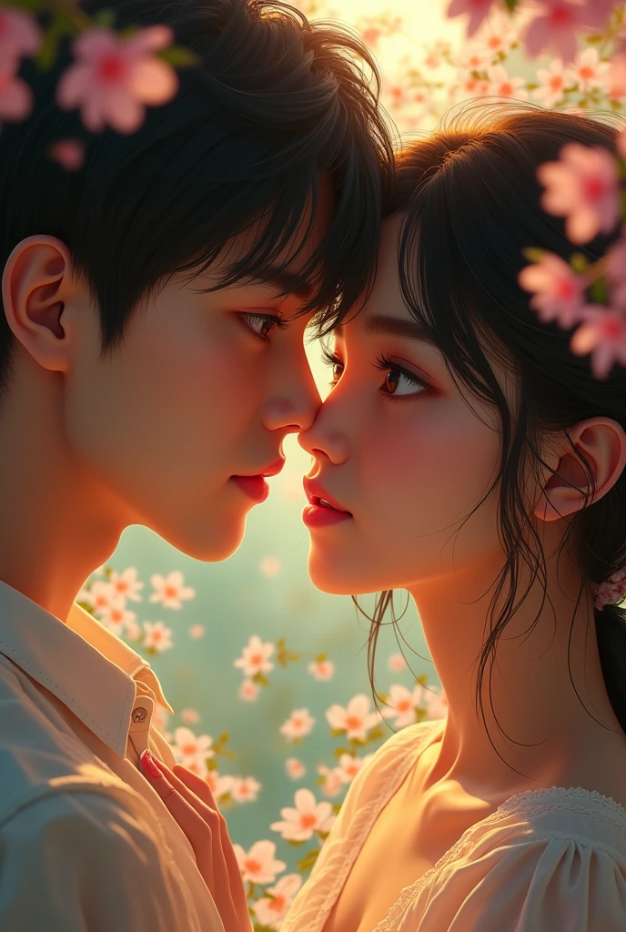 beautiful detailed eyes, beautiful detailed lips, extremely detailed eyes and face, long eyelashes, 1 girl, 1 boy, high quality, masterpiece, photorealistic, hyper detailed, extremely detailed, cinematic lighting, dramatic lighting, warm color palette, soft lighting, romance, elegant, graceful, serene, tranquil, peaceful, tender, affectionate, intimate, close-up, medium shot, outdoor setting, garden, flowers, cherry blossoms, nature, lush foliage, idyllic, dreamy