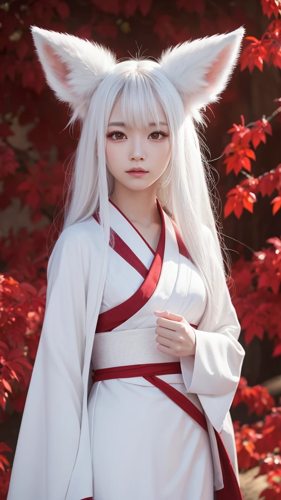 White Demon Fox、Nine-tailed Fox、Japanese women、kimono、Fair skin、Red lines on face、8k、I have long hair、High-resolution model、Ultra high definition, Textured skin,  