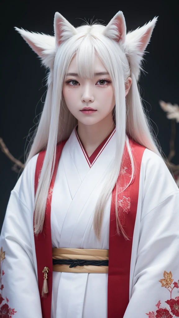 White Demon Fox、Nine-tailed Fox、Japanese women、kimono、Fair skin、Red lines on face、8k、I have long hair、High-resolution model、Ultra high definition, Textured skin,