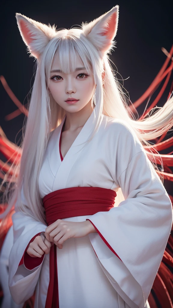 White Demon Fox、Nine-tailed Fox、Japanese women、kimono、Fair skin、Red lines on face、8k、I have long hair、High-resolution model、Ultra high definition, Textured skin,  