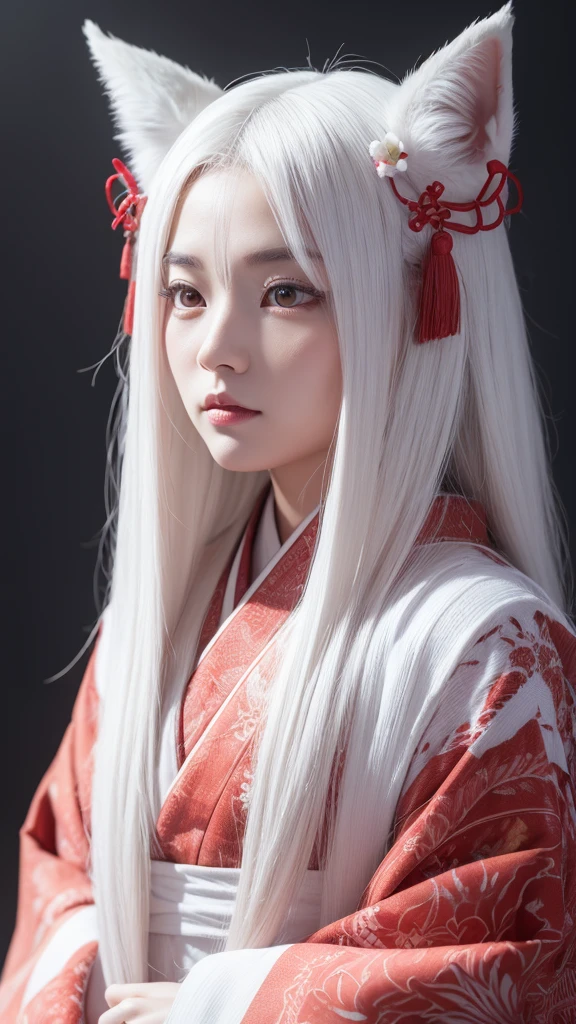 White Demon Fox、Nine-tailed Fox、Japanese women、kimono、Fair skin、Red lines on face、8k、I have long hair、High-resolution model、Ultra high definition, Textured skin,