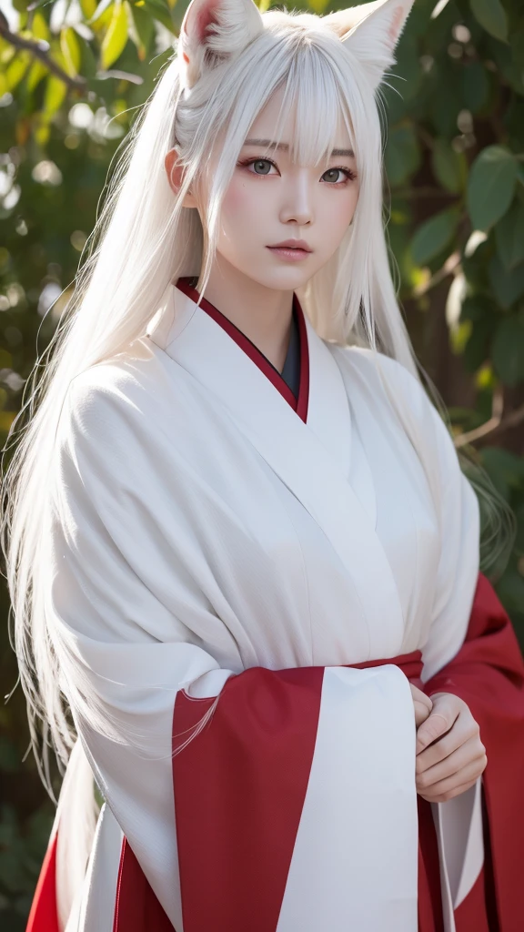 White Demon Fox、Nine-tailed Fox、Japanese women、kimono、Fair skin、Red lines on face、8k、I have long hair、High-resolution model、Ultra high definition, Textured skin,  