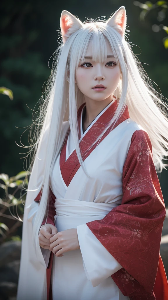White Demon Fox、Nine-tailed Fox、Japanese women、kimono、Fair skin、Red lines on face、8k、I have long hair、High-resolution model、Ultra high definition, Textured skin,