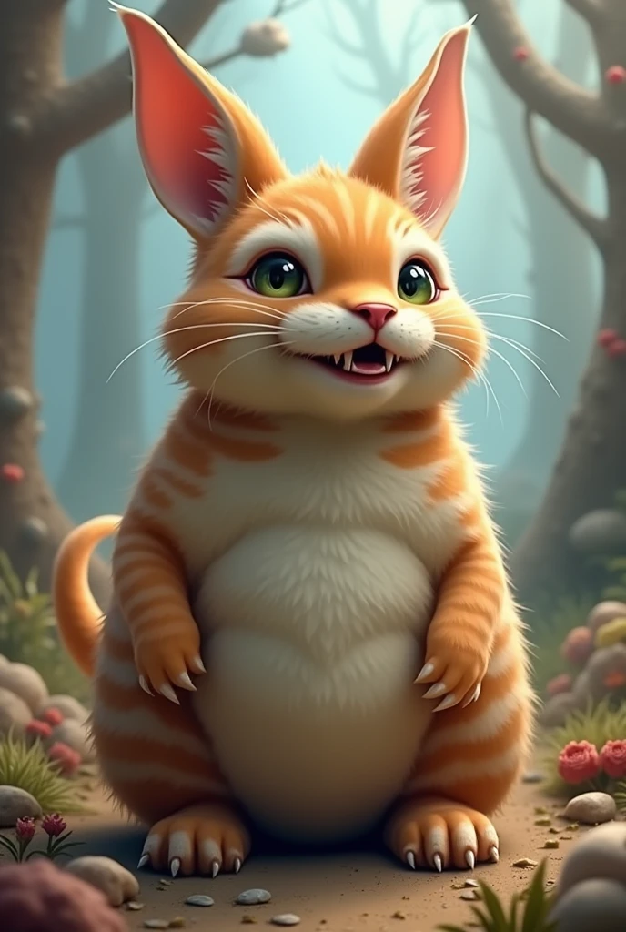 Cat with bunny hairs with kangaroo pocket having long teeth