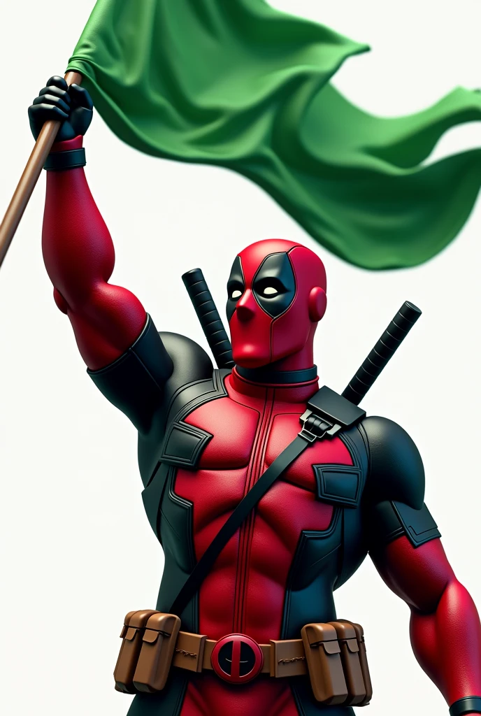 Design a logo that features an ultra-realistic depiction of a Deadpool-like character, with his victorious right hand raising a green flag. The design should be detailed and realistic, capturing the character's iconic costume and his playful yet triumphant expression.