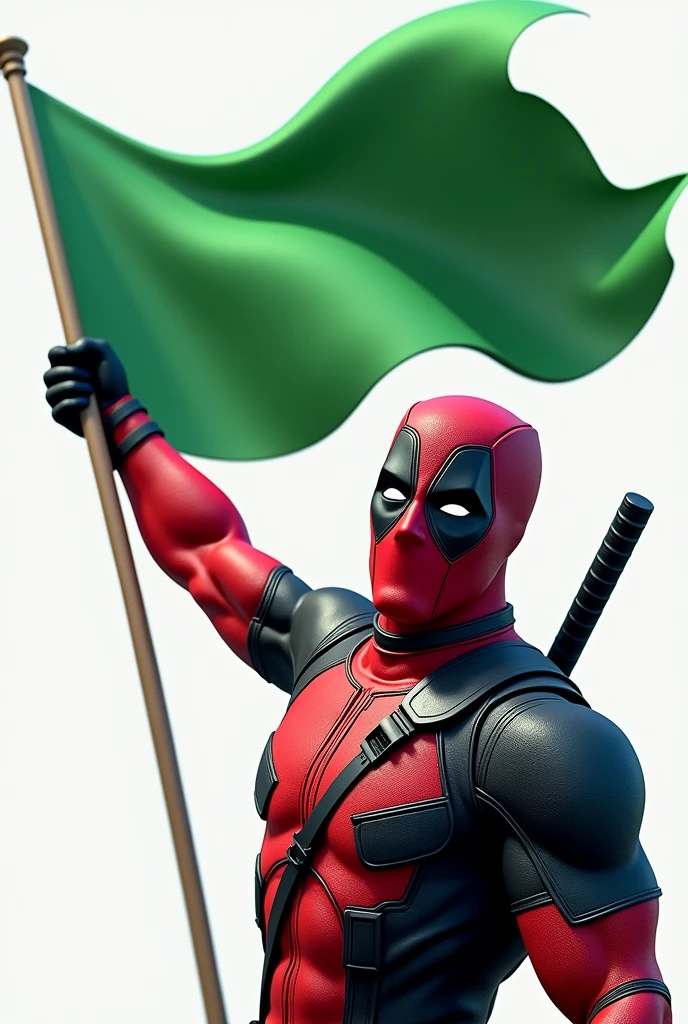 Design a logo that features an ultra-realistic depiction of a Deadpool-like character, with his victorious right hand raising a green flag. The design should be detailed and realistic, capturing the character's iconic costume and his playful yet triumphant expression.