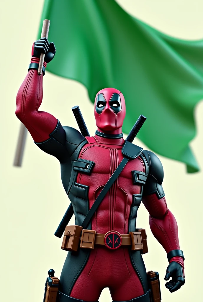 Design a logo that features an ultra-realistic depiction of a Deadpool-like character, with his victorious right hand raising a green flag. The design should be detailed and realistic, capturing the character's iconic costume and his playful yet triumphant expression.