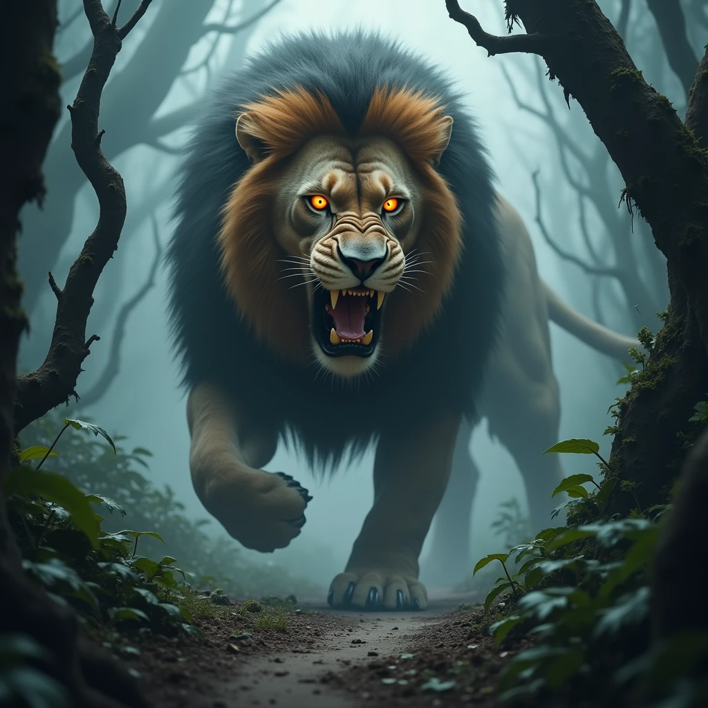 A massive lion with sharp, glistening fangs is running full speed toward the viewer, its mouth open wide in a ferocious snarl, ready to attack. The lions's fur is matted and wild, and its glowing eyes are locked onto the viewer with a menacing intensity. The scene is set in a dense, smoky jungle, with thick underbrush and towering trees partially obscured by the heavy mist. The path the lion is charging down is narrow, overgrown with twisted roots and foliage, adding to the sense of impending danger. The overall atmosphere is dark and ominous, with the dense fog swirling around the lion, making its approach even more terrifying