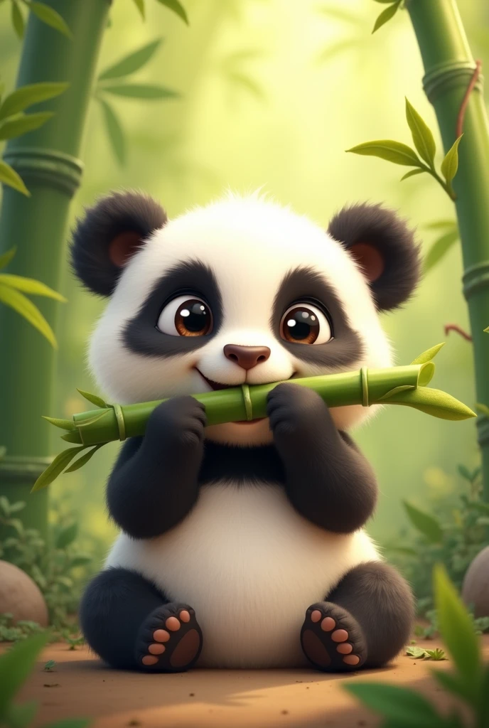 I need you to design me an animated image of a cute baby panda sitting down, happy biting a bamboo branch (This must be an eco-friendly speaker) Frontal shot where you can see that he is biting the bamboo