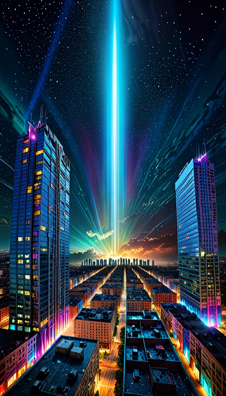 Nighttime cityscape, massive beam of light emanating from a single building, night sky torn open revealing a surreal colorful dimension, cosmic horror style, highly detailed, wide angle shot