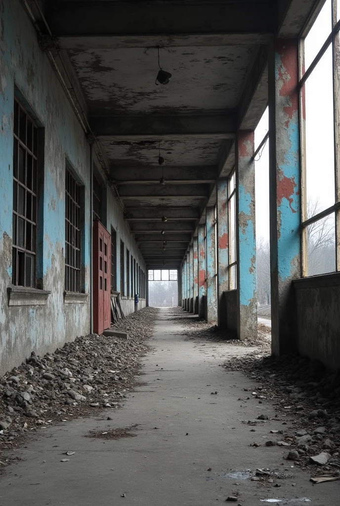 A bus terminal worn by time, collapsing, with the walls unpainted, in black and white, only highlighting the red and blue colors in certain parts