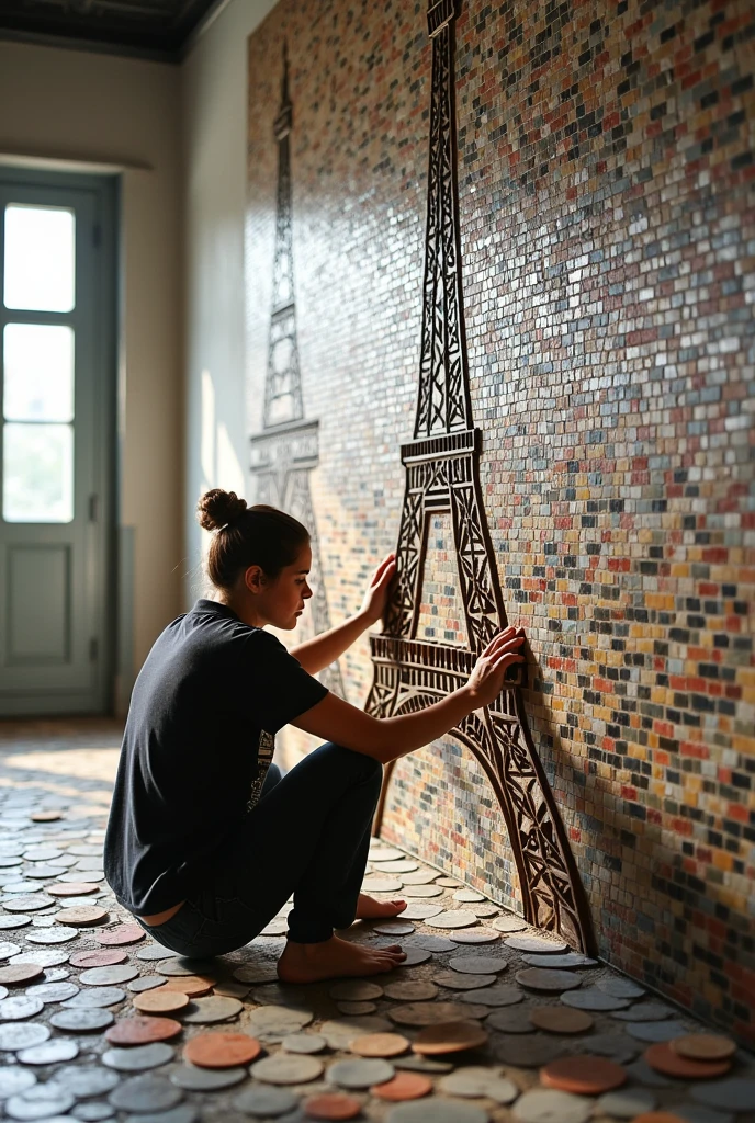 Person laying tiles on a wall forming a design of the Eiffel Tower 