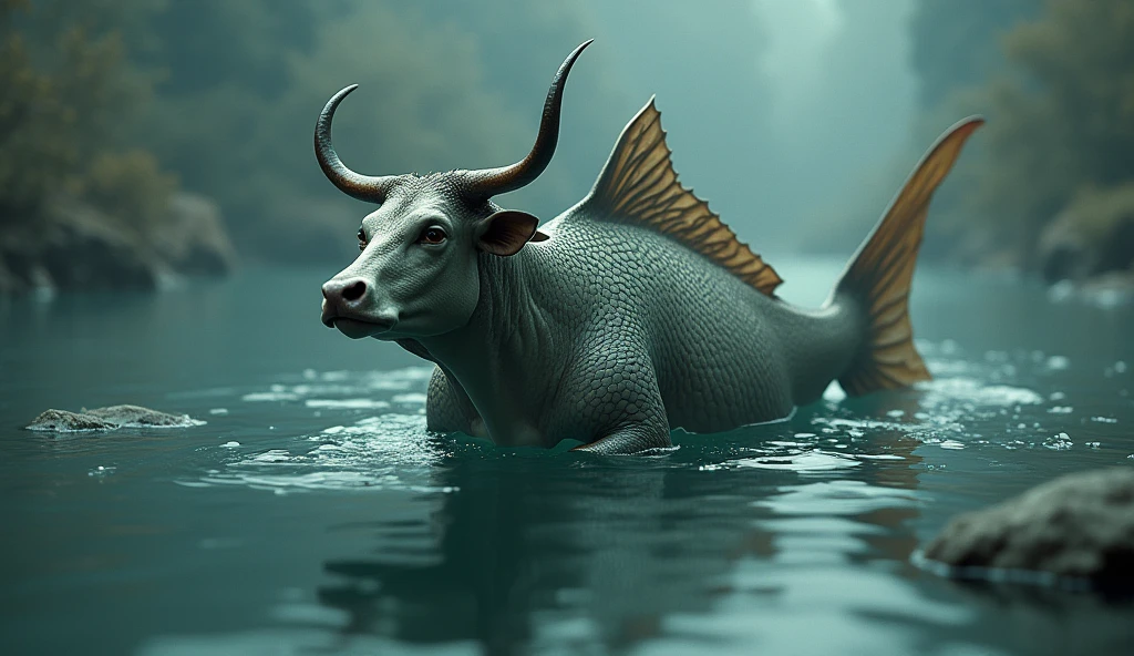 There is a creature growing in the water,It has a cow's head, a fish's body, and a snake's tail.,Wings growing from the ribs(best quality,4K,8k,High level,masterpiece:1.2),Ultra Detailed,(lifelike,Photo real,Photo real:1.37)