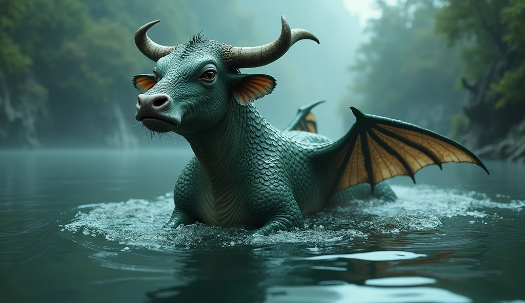 There is a creature growing in the water，It has a cow&#39;s head, a fish&#39;s body, and a snake&#39;s tail.，Wings growing from the ribs（best quality，4K，8k，High level，masterpiece：1.2），Ultra Detailed，（lifelike，Photo real，Photo real：1.37）