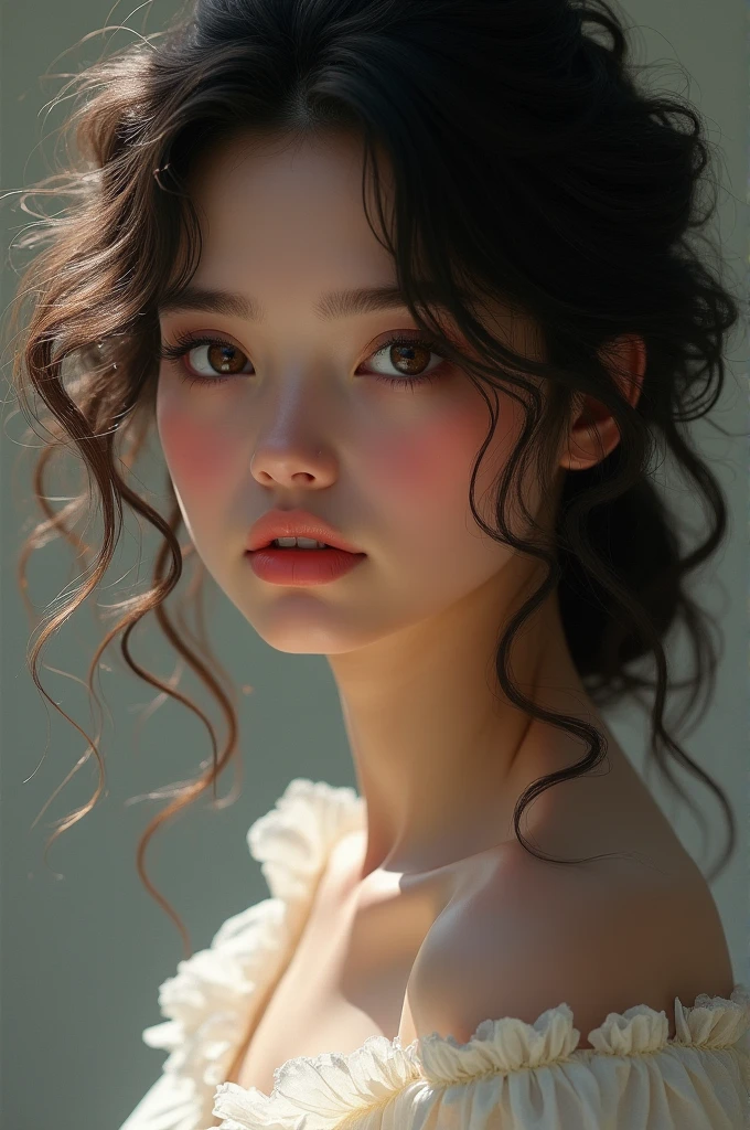 Beautiful girl with white skin and dark curly hair