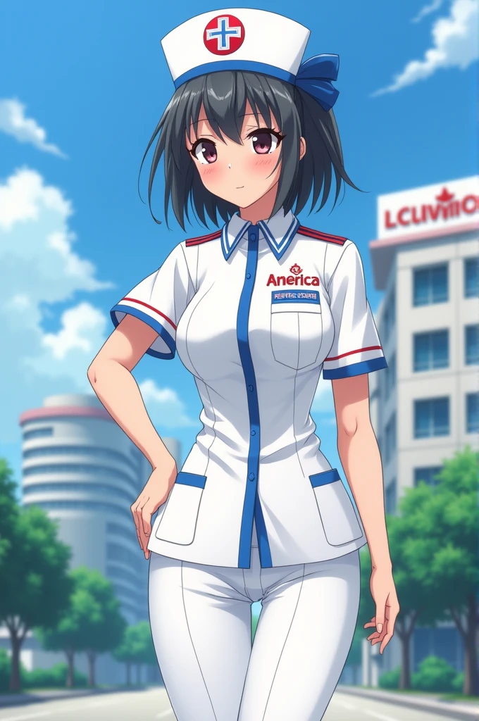 An anime of a nurse wearing a white pant uniform and a white blouse and on her blouse she has the name "America" and in the background you can see the Lic Adolfo López Mateos hospital