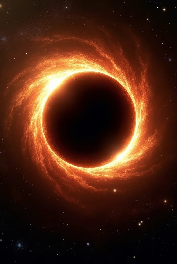 **Title:** Criação de Imagem realisitic de um black hole Supermassivo
**Description:** Create a realistic image of a supermassive black hole inspired by "interstellar". The scene must include a central black hole, a bright accretion disk and gravitational lensing effects. The background must be deep, stellar space.
**Detailed instructions:**
1. **space background:**
- **Farbe:** Deep black with dark blue tones.
- **elements:** Small, scattered points of light to simulate distant stars.
2. **black hole:**
- **forma:** A perfectly black central circle.
- **tamanho:** Proportionally large, dominating most of the image.
- **Efeito de gravitational lens:** Add a slight distortion around the black hole, with the appearance that space-time is being curved.
3. **accretion disk:**
- **Location:** Ao redor do buraco negro, in a disc shape.
- **Farbe:** Orange to red gradient with bright yellow accents.
- **detaileds:** The disk must have variations in intensity and color to simulate turbulence and the movement of matter.
4. **Light and Glow Effects:**
- **gravitational lens:** Apply subtle distortions and reflections around the black hole to create the sensation that light is being pulled in..
- **Disc Shine:** Add bright glare and diffuse light to the accretion disk.
5. **Final Adjustments:**
- **sharp contrast:** Adjust the contrast so that the black hole and accretion disk stand out clearly against the stellar background.
- **detaileds Estelares:** Include some additional stars and celestial bodies in the background to enrich the scene..
**styled:** realisitic, with emphasis on light effects and gravitational distortion to simulate a supermassive black hole as seen in scientific and cinematic representations.