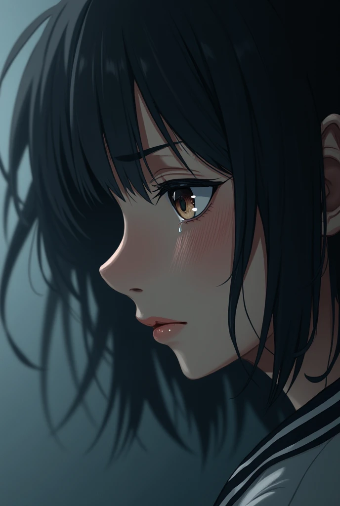 Select main image: A sad face image with an emphasis on tearful eyes. It can be an image of tearful eyes or a teardrop slowly flowing down. Choose the color and tone.: Use muted colors like gray, muted blue, or dark blue to create a sad and somber atmosphere. These colors can be used as backgrounds or applied to details in the image, such as tears or hair, to combine the mood and story of a high school student.: Images of students preparing for exams or doing challenging activities should be carefully integrated into the main image. Some details such as a book bag, study documents or a pen held in hand can be used. Composition: Place a sad face on one side of the paper and add a picture of high school student activities to represent the pressures and challenges that high school students face. Details of the carving: Use detailed carving techniques in the eyes and tears, as well as details of the students, such as their clothing and equipment, to make them look realistic and clearly convey feelings.