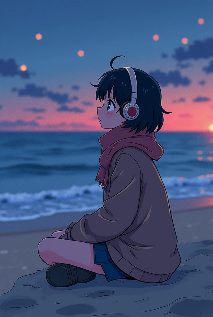 80&#39;s、comics、Sandy Beach、evening、girl、winter、Scarf、headphone、cute、Black Hair、Seaside、80&#39;sアニメーション、Emotional