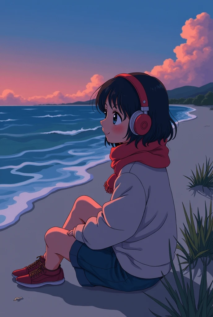 80's、comics、Sandy Beach、evening、girl、winter、Scarf、headphone、cute、Black Hair、Seaside、80'sアニメーション、Emotional
