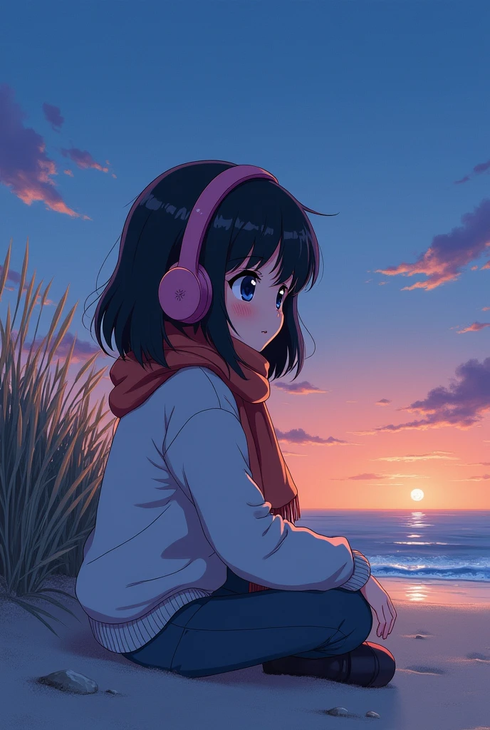 80&#39;s、comics、Sandy Beach、evening、girl、winter、Scarf、headphone、cute、Black Hair、Seaside、80&#39;sアニメーション、Emotional