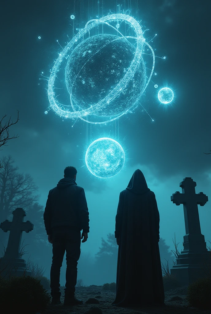 Two men one with a hood, watching from a cemetery at three holograms seen in the night sky, A hologram is shaped like an atom with its circular orbits, another hologram of a sphere with thorns coming out and the third of a planet with orbits