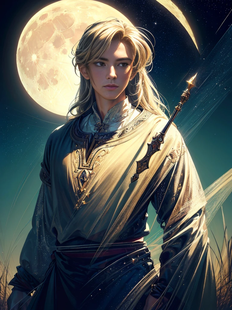 (masterpiece,top-quality,top-quality,Detailed and complex,official art,aesthetically pleasing:1.3),(male),(Link),(realistic art:1.3),(Long haired blonde hair),(moon,stars,celestial,fantasy,cinematic lighting,background),chiaroscuro,intricate details,striking composition,elegant,regal,mesmerizing