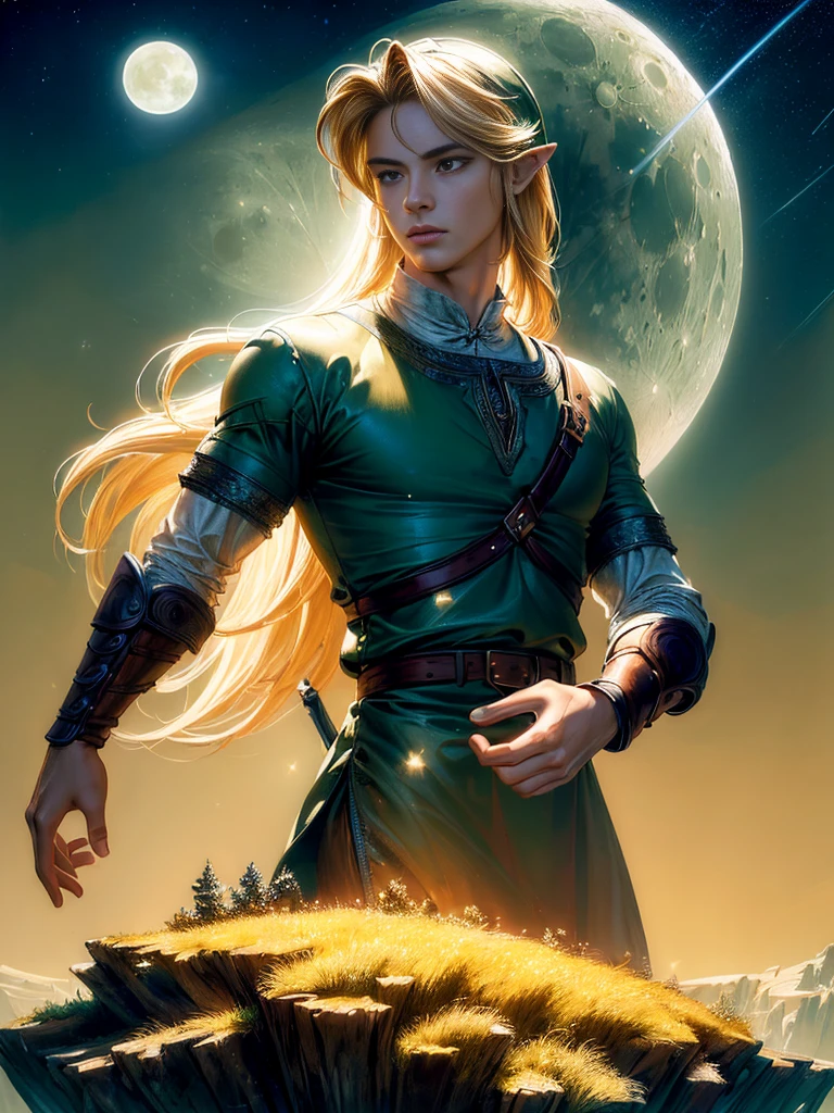 (masterpiece,top-quality,top-quality,Detailed and complex,official art,aesthetically pleasing:1.3),(male),(Link),(realistic art:1.3),(Long haired blonde hair),(moon,stars,celestial,fantasy,cinematic lighting,background),chiaroscuro,intricate details,striking composition,elegant,regal,mesmerizing