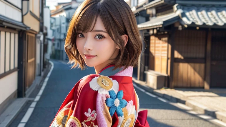 (8k, RAW Photos, Highest quality:1.2), (reality, reality的:1.4), (非常に詳細な8kwallpaper)、Sharp focus, Cinema Lighting, 細部までBeautiful Eyes, Asymmetrical bangs, Glowing Skin, Highly detailed skin ,High resolution, Attention to detail, Detailed hairstyle, Detailed beauty face, Hyper Real, Perfect limbs, Perfect Anatomy ,1 Japanese girl,Famous idols of Japan, Perfect female body,smile,short eyelashes,double eyelid、Look straight here,Stand up straight and face me, whole body ,,look straight at me,Streets of Europe、Tabletop、wallpaper、reality的、Bright lighting、Professional Lighting、Face Light Smooth Lighting、Japanese women、Adult、Beautiful woman、action、gravure、Sexy、so beautiful、Beautiful Skin、Beautiful and detailed、Detailed face、slim、moderately、((short hair))、((Brunette Hair))、Brown eyes、Looking into the camera、Small Bust、Pretty face,, smile,, 超High resolution, Backlight,whole body、Accurate 5 fingers, software , Bony body, Japanese women, One person, Perfect body, 超Detailed face, Detailed lips, Beautiful Eyes, double eyelid, Light brown hair, Asymmetrical hair, Asymmetrical bangs, Messy Hair,(High-quality kimonos in vibrant colors:1.3), (Gorgeous embroidered kimono:1.3)、Shooting with a wide-angle lens、Portrait
