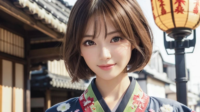 (8k, RAW Photos, Highest quality:1.2), (reality, reality的:1.4), (非常に詳細な8kwallpaper)、Sharp focus, Cinema Lighting, 細部までBeautiful Eyes, Asymmetrical bangs, Glowing Skin, Highly detailed skin ,High resolution, Attention to detail, Detailed hairstyle, Detailed beauty face, Hyper Real, Perfect limbs, Perfect Anatomy ,1 Japanese girl,Famous idols of Japan, Perfect female body,smile,short eyelashes,double eyelid、Look straight here,Stand up straight and face me, whole body ,,look straight at me,Streets of Europe、Tabletop、wallpaper、reality的、Bright lighting、Professional Lighting、Face Light Smooth Lighting、Japanese women、Adult、Beautiful woman、action、gravure、Sexy、so beautiful、Beautiful Skin、Beautiful and detailed、Detailed face、slim、moderately、((short hair))、((Brunette Hair))、Brown eyes、Looking into the camera、Small Bust、Pretty face,, smile,, 超High resolution, Backlight,whole body、Accurate 5 fingers, software , Bony body, Japanese women, One person, Perfect body, 超Detailed face, Detailed lips, Beautiful Eyes, double eyelid, Light brown hair, Asymmetrical hair, Asymmetrical bangs, Messy Hair,(High-quality kimonos in vibrant colors:1.3), (Gorgeous embroidered kimono:1.3)、Shooting with a wide-angle lens、Portrait