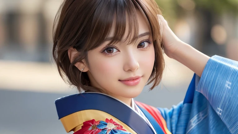 (8k, RAW Photos, Highest quality:1.2), (reality, reality的:1.4), (非常に詳細な8kwallpaper)、Sharp focus, Cinema Lighting, 細部までBeautiful Eyes, Asymmetrical bangs, Glowing Skin, Highly detailed skin ,High resolution, Attention to detail, Detailed hairstyle, Detailed beauty face, Hyper Real, Perfect limbs, Perfect Anatomy ,1 Japanese girl,Famous idols of Japan, Perfect female body,smile,short eyelashes,double eyelid、Look straight here,Stand up straight and face me, whole body ,,look straight at me,Streets of Europe、Tabletop、wallpaper、reality的、Bright lighting、Professional Lighting、Face Light Smooth Lighting、Japanese women、Adult、Beautiful woman、action、gravure、Sexy、so beautiful、Beautiful Skin、Beautiful and detailed、Detailed face、slim、moderately、((short hair))、((Brunette Hair))、Brown eyes、Looking into the camera、Small Bust、Pretty face,, smile,, 超High resolution, Backlight,whole body、Accurate 5 fingers, software , Bony body, Japanese women, One person, Perfect body, 超Detailed face, Detailed lips, Beautiful Eyes, double eyelid, Light brown hair, Asymmetrical hair, Asymmetrical bangs, Messy Hair,(High-quality kimonos in vibrant colors:1.3), (Gorgeous embroidered kimono:1.3)、Shooting with a wide-angle lens、Portrait