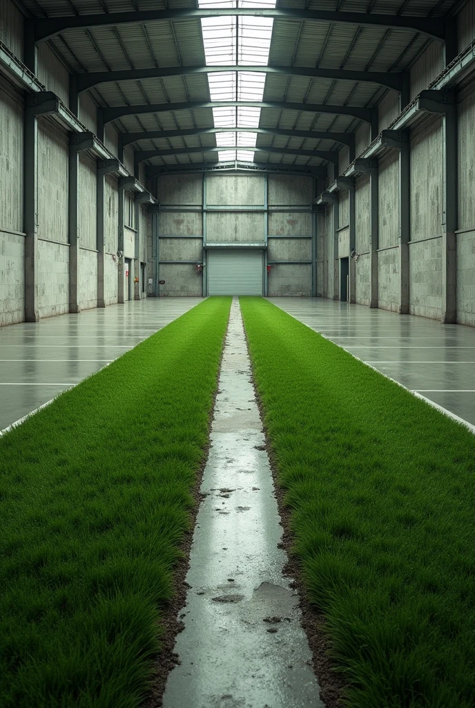 A 40 meter x 10 meter warehouse is divided vertically between grass and rubber mat. The first 20 meters of rubber and the last 20 meters of grass. Change the location of the grass from side to side.