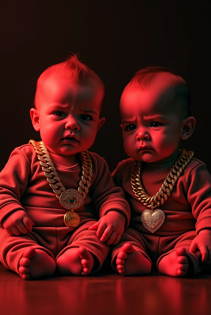 2 babies, sitting next to eachother, angry, iced out with chains, dripped out with red deaigner clothing, 4k, lighting, red lighting, dark black background