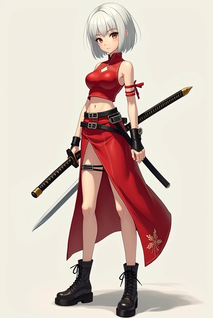 A slim anime style short white hair girl with red Chinese combat suit on top and a skirt and boots, and with a samurai sword