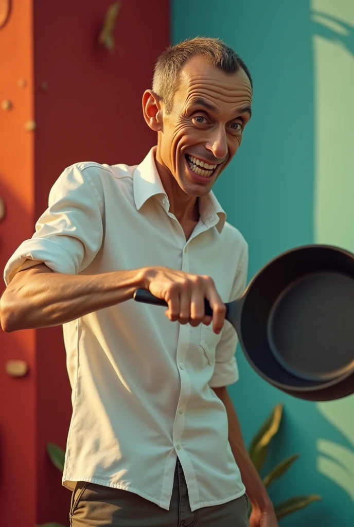 A skinny man gripping a frying pan like a firearm with white shirt, dynamic pose, humorous expression, vibrant colors, realistic image of man ,exaggerated features --s 100 --ar 1:1 --no text