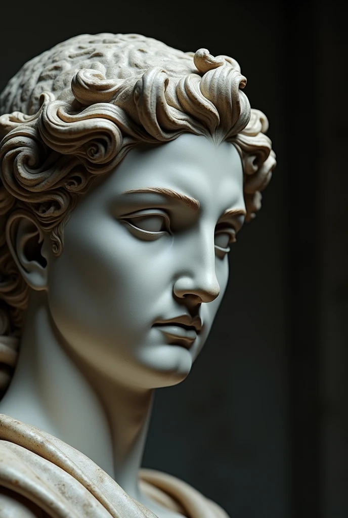 Create a hyperrealistic close-up of a classical marble statue, capturing intricate details of the statue's face, with sharp focus on the texture of the stone, shadows, and the contours of the nose, lips, and curls of the hair. The lighting should emphasize the fine grain of the marble, with a dramatic side illumination highlighting the stern expression and the age of the statue.