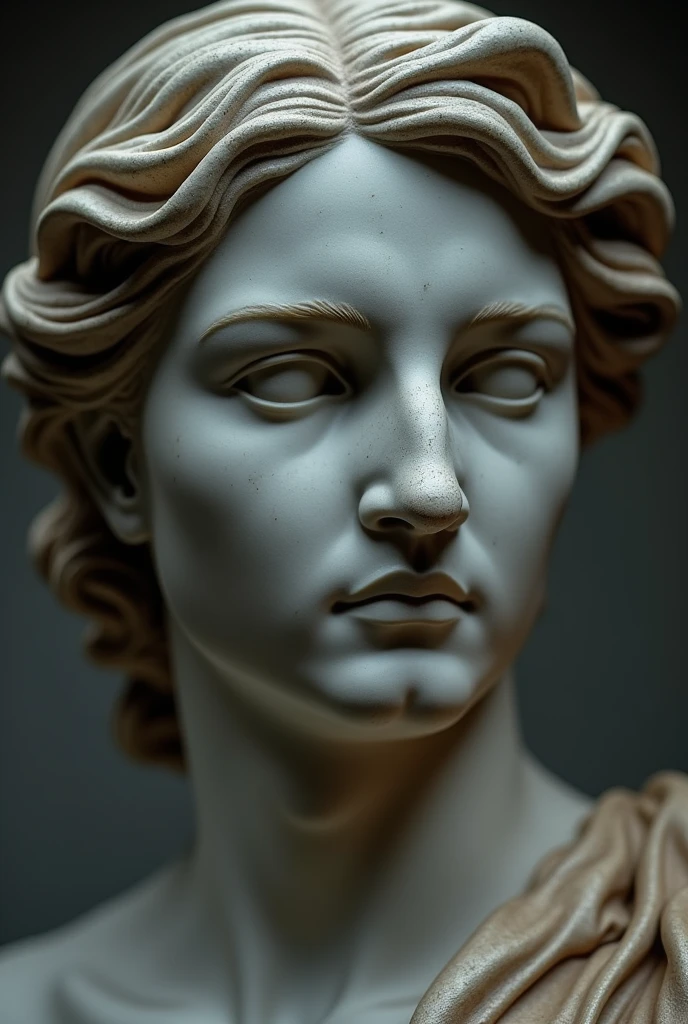 Create a hyperrealistic close-up of a classical marble statue, capturing intricate details of the statue's face, with sharp focus on the texture of the stone, shadows, and the contours of the nose, lips, and curls of the hair. The lighting should emphasize the fine grain of the marble, with a dramatic side illumination highlighting the stern expression and the age of the statue.